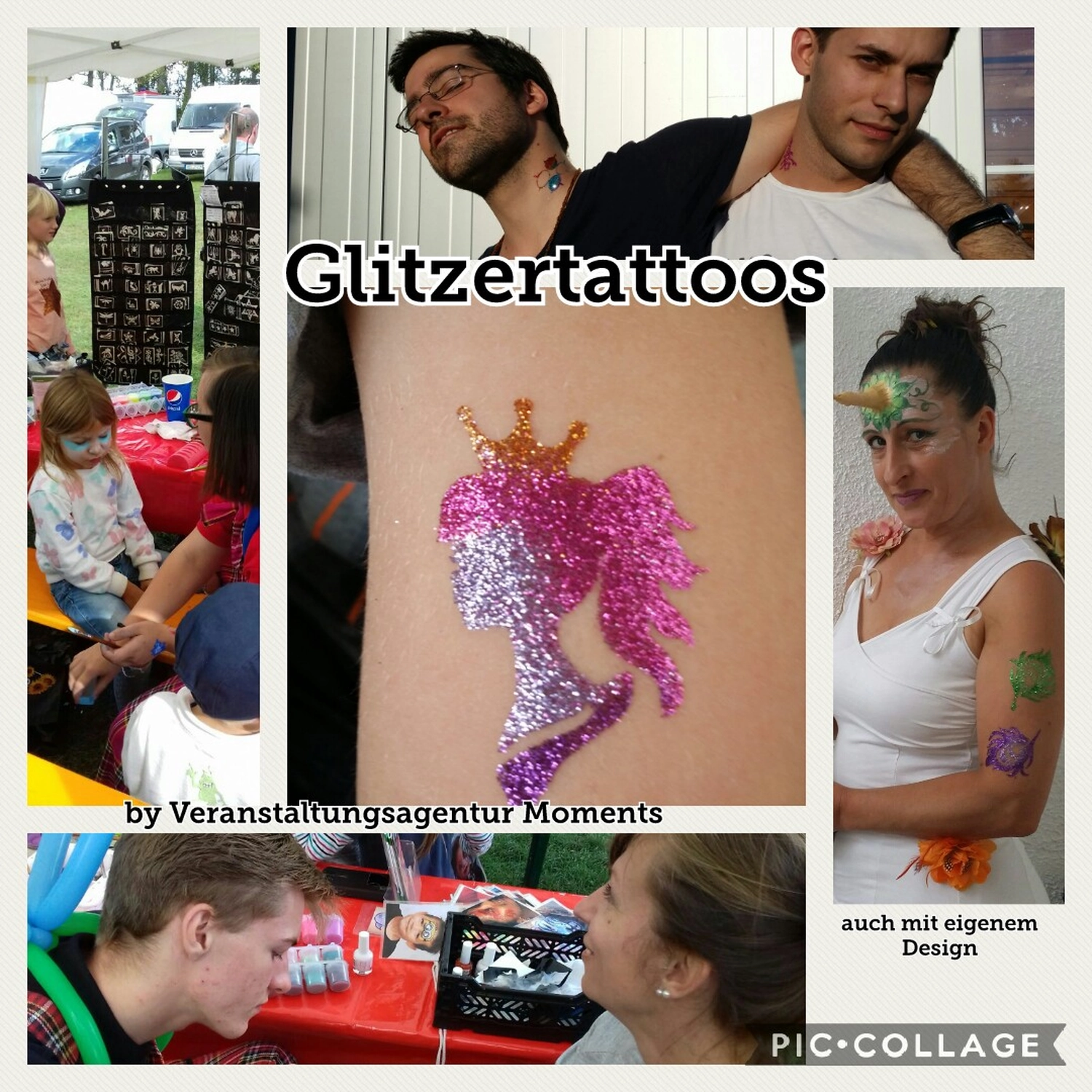 Moments Veranstaltungsagentur -Collage mit Glitzertattoo-Motiven und Schminkaktion