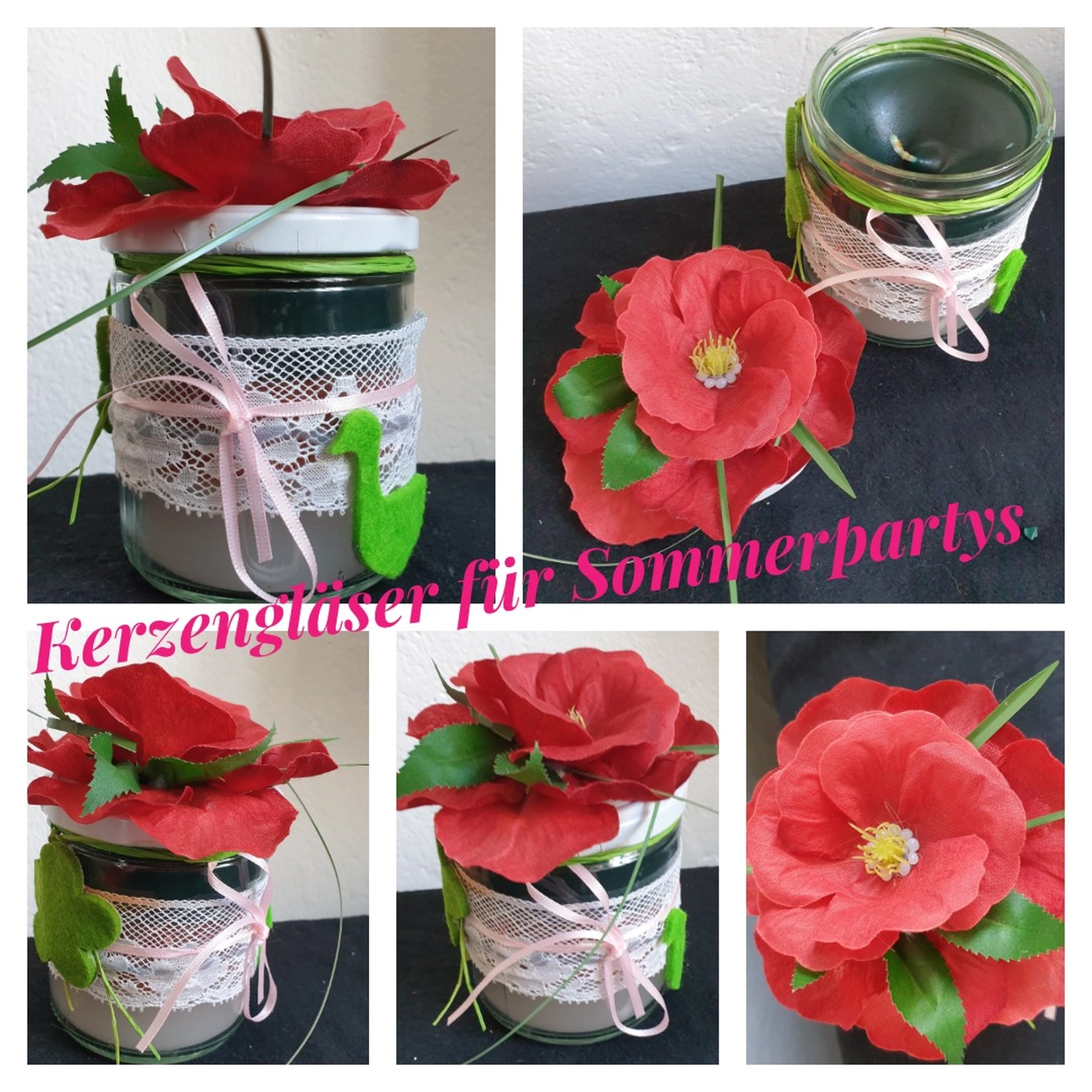 Moments Veranstaltungsagentur -  Kerzengläser mit Blumendeko für Sommerpartys